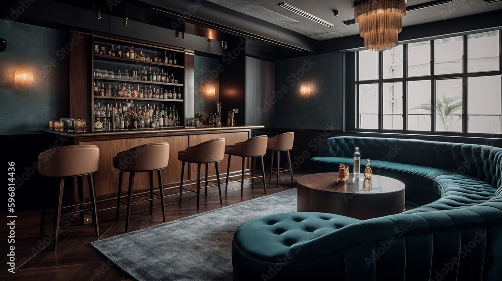 A chic cocktail lounge with a sleek bar and velvet seating. AI generated