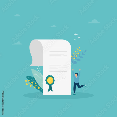 Man and document with wafer seal and ribbon. Diploma or certificate of honor, merit, appreciation,  award, recognition, achievement or graduation. Flat  vector illustration.

