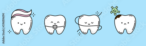 Set of cartoon teeth. There are plaque on the teeth. Cute teeth with different emotions set for label design. Cartoon detailed Illustrations