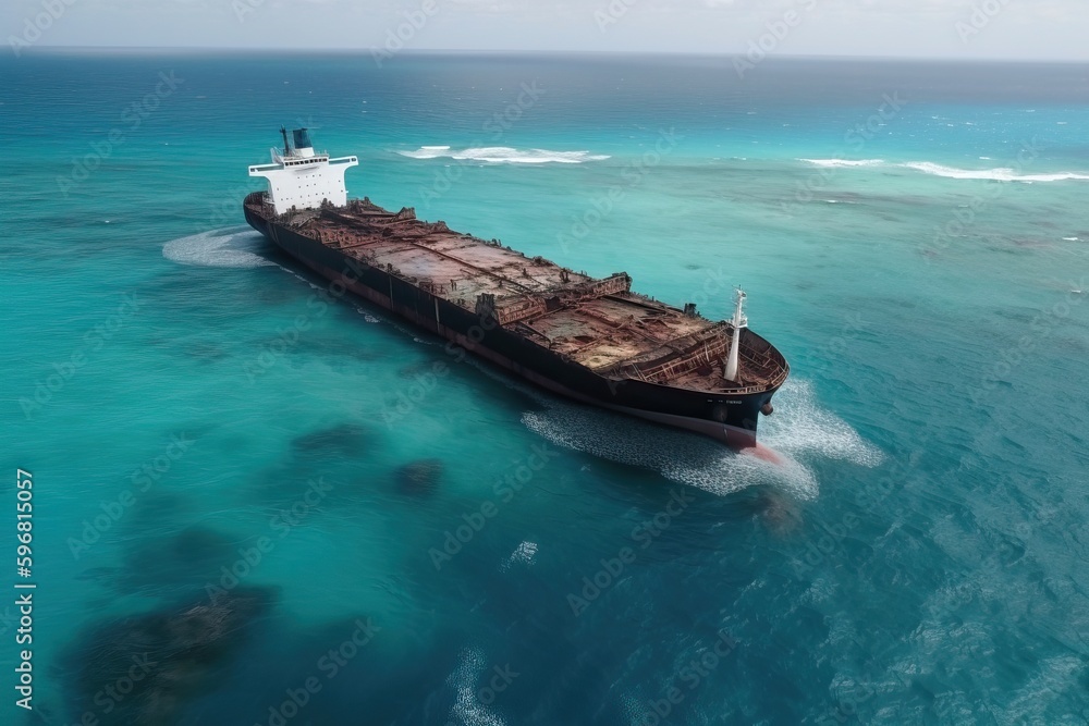 a large cargo tanker crashes at sea, generative AI.