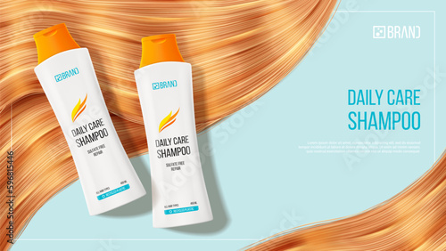 Realistic ad banner of hair shampoo or conditioner. 3d vector illustration of cosmetic product. Realistic bottles and hair strands for promotion of female shampoo. Promo of beauty product advertising.