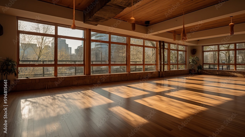 A refreshing yoga studio with bamboo flooring and floor-to-ceiling windows. AI generated A refreshing yoga studio with bamboo flooring and floor-to-ceiling windows. AI generated