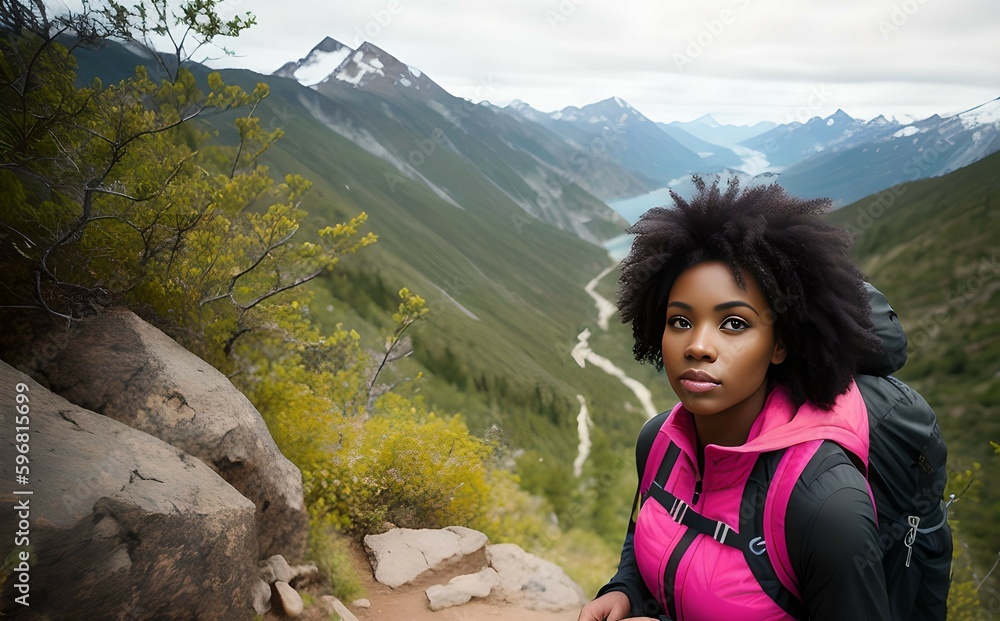 Naklejka premium A beautiful black female hiking in the mountains, created with generative AI