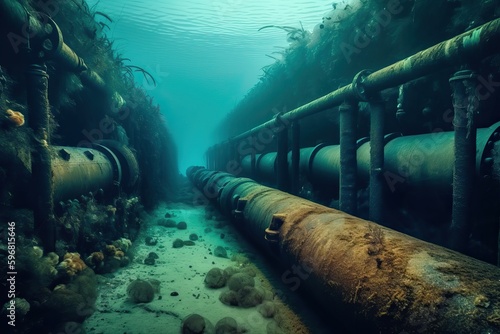 Old pipes for transporting gas and oil under water, generative AI.