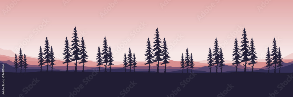 Naklejka premium pine tree forest in mountain landscape view scenery silhouette vector illustration good for wallpaper, background, backdrop, banner, and design template