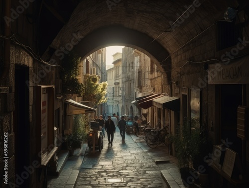 A photo of a street scene taken through a narrow alleyway or arch
