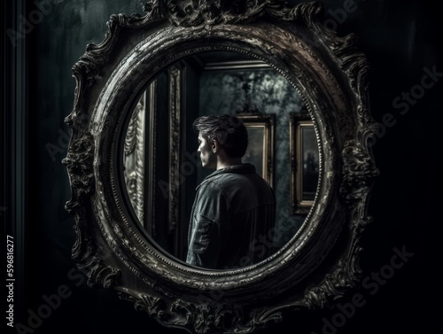 A photo of a person's reflection in a mirror, framed by the mirror itself