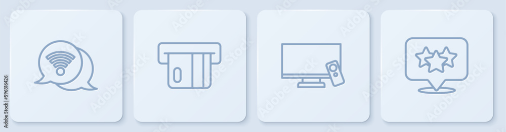 Set line Wi-Fi wireless internet, Smart Tv, Credit card and Stars rating. White square button. Vector Set line Wi-Fi wireless internet, Smart Tv, Credit card and Stars rating. White square button. Vector
