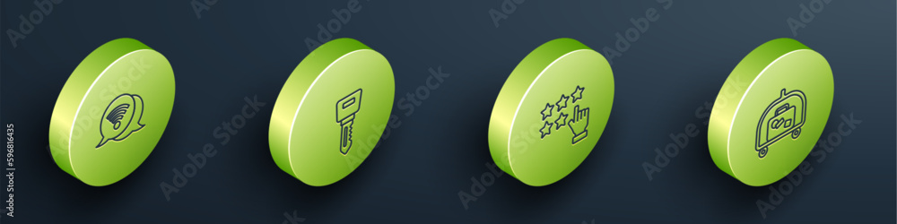 Set Isometric line Wi-Fi wireless internet, Hotel door lock key, Stars rating and luggage cart icon. Vector