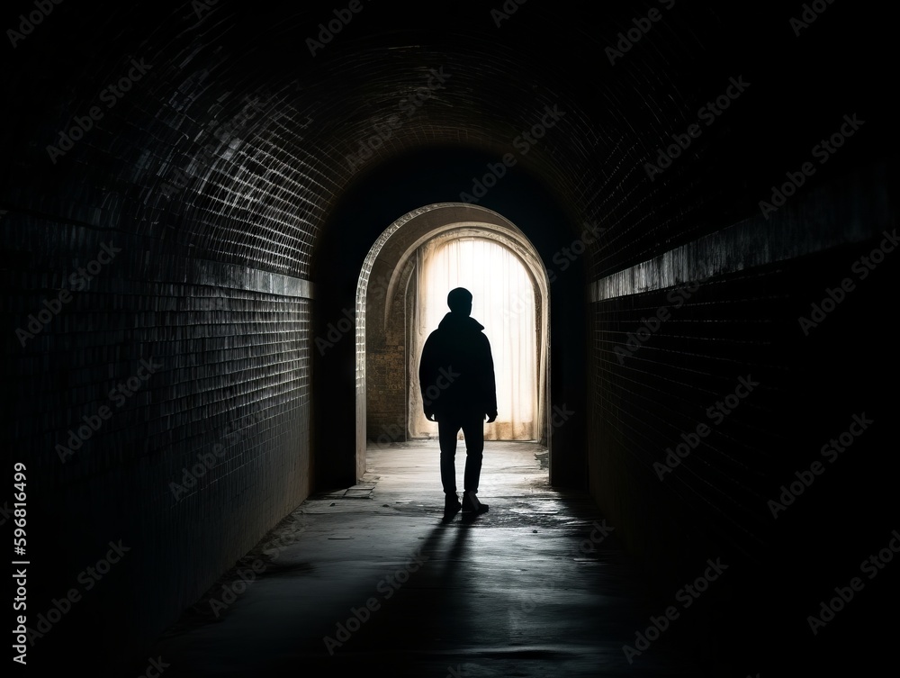 A person standing inside a tunnel or archway, with the opening acting as a frame for the subject A person standing inside a tunnel or archway, with the opening acting as a frame for the subject
