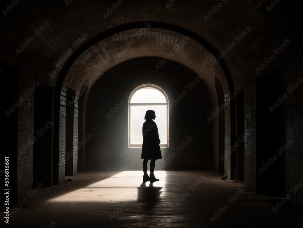 A person standing inside a tunnel or archway, with the opening acting as a frame for the subject A person standing inside a tunnel or archway, with the opening acting as a frame for the subject