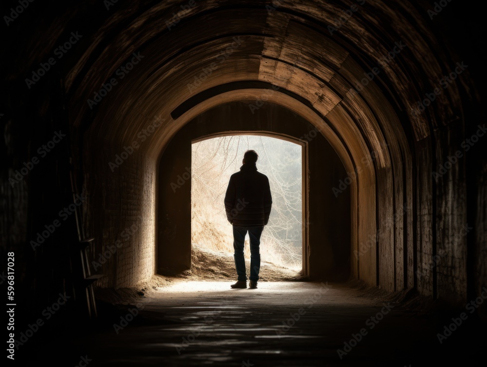 A person standing inside a tunnel or archway, with the opening acting as a frame for the subject