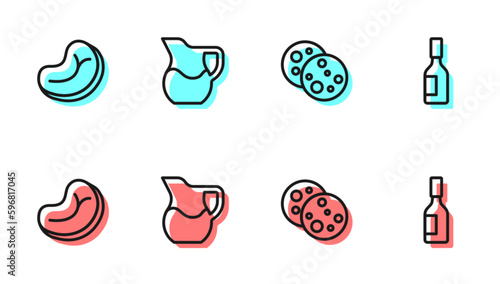 Set line Cookie with chocolate, Steak meat, Jug glass milk and Tabasco sauce icon. Vector