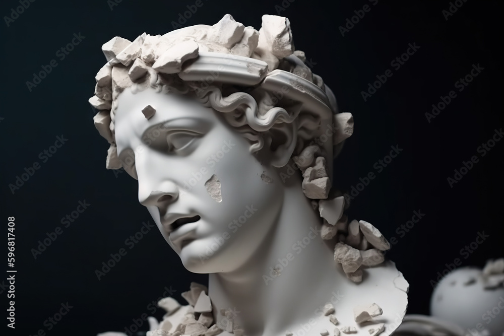 Broken ancient greek statue, destroyed marble bust, cracking sculpture, roman bust, hellenic bust, concept of depression, memory loss, mental illness, dementia, alzheimer's disease. Generative AI Broken ancient greek statue, destroyed marble bust, cracking sculpture, roman bust, hellenic bust, concept of depression, memory loss, mental illness, dementia, alzheimer's disease. Generative AI