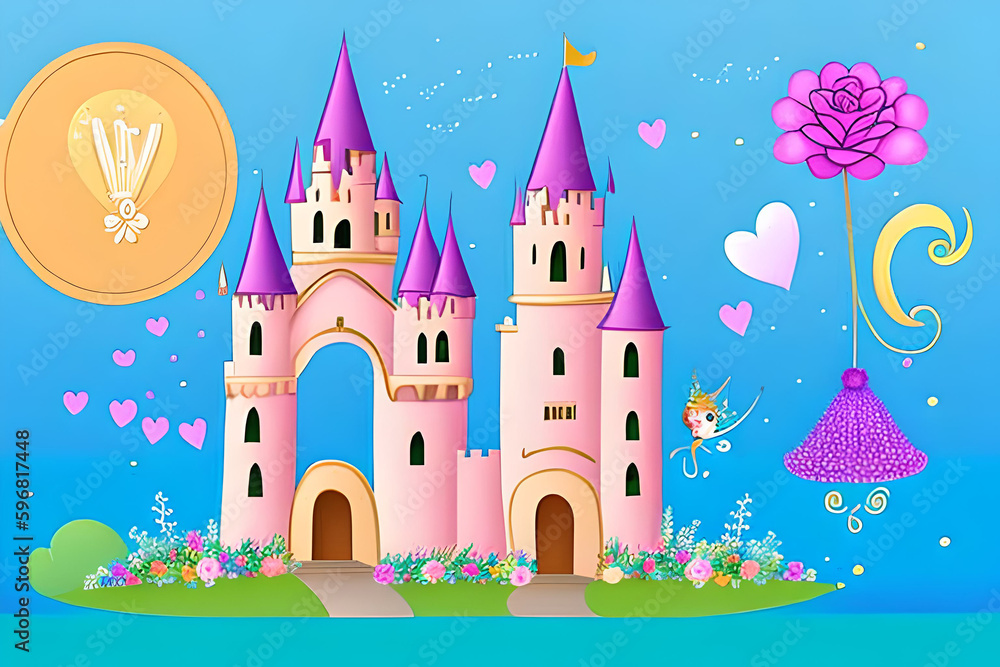 Fototapeta premium A whimsical and fairy-tale-like wedding greeting card with a castle or a unicorn design