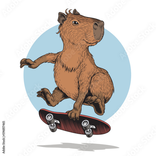 Capybara rides on skateboard. Funny cute skater. Comic style hand drawn vector illustration.