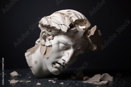 Broken ancient greek statue, destroyed marble bust, cracking sculpture, roman bust, hellenic bust, concept of depression, memory loss, mental illness, dementia, alzheimer's disease. Generative AI