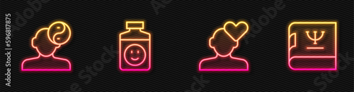 Set line Broken heart or divorce, Yin Yang symbol, Antidepressants and Psychology book. Glowing neon icon. Vector