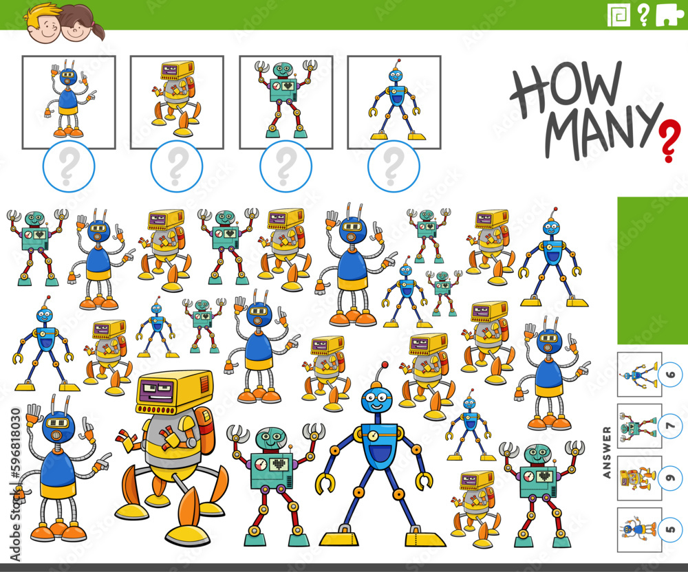 Fototapeta premium how many cartoon robots characters counting activity