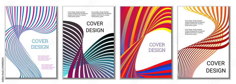 A set of 4 abstract covers. Wavy parallel gradient lines, ribbons evolve. Cover design, background. Trendy banner, poster. A set of 4 abstract covers. Wavy parallel gradient lines, ribbons evolve. Cover design, background. Trendy banner, poster.