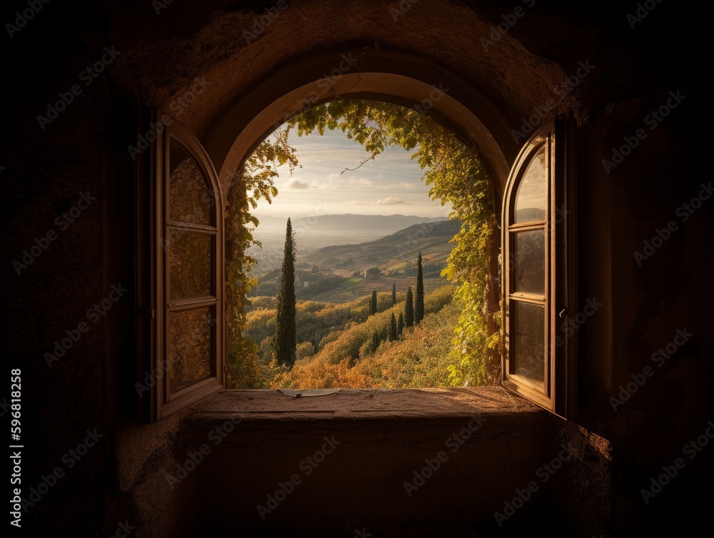 A landscape photo taken through a window frame or archway