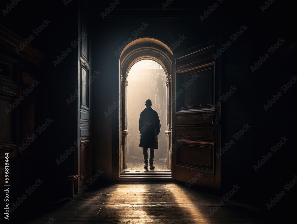 Fototapeta premium A person standing inside an open door frame, with the outside scenery visible through the doorway