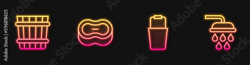 Set line Sauna bucket, Bar of soap and Shower. Glowing neon icon. Vector