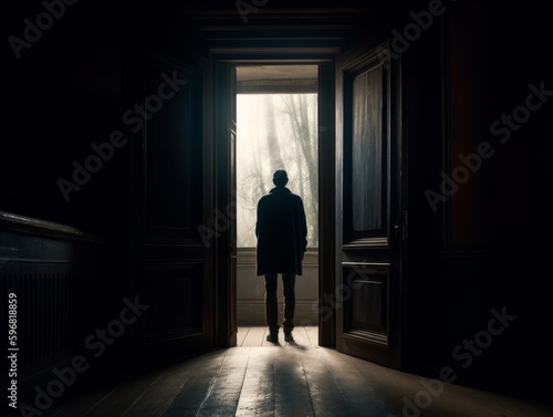 A person standing inside an open door frame  with the outside scenery visible through the doorway