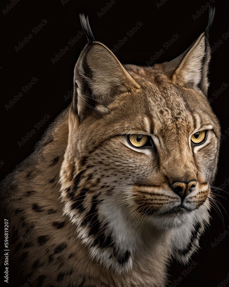Generated photorealistic image of a forest lynx in profile with yellow eyes Generated photorealistic image of a forest lynx in profile with yellow eyes