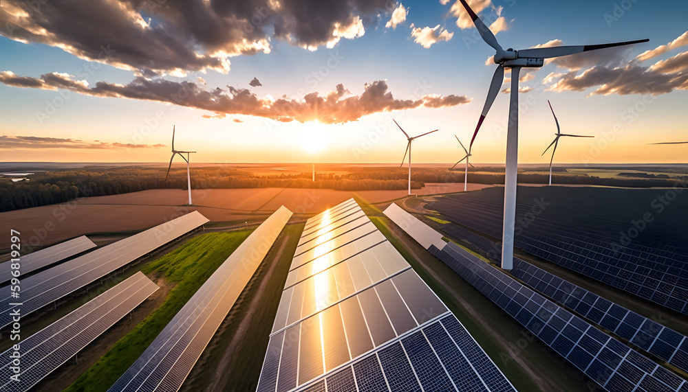 Modern Wind turbines and solar panels sunset light. Concept eco green renewable energy. Generation AI - obrazy, fototapety, plakaty 