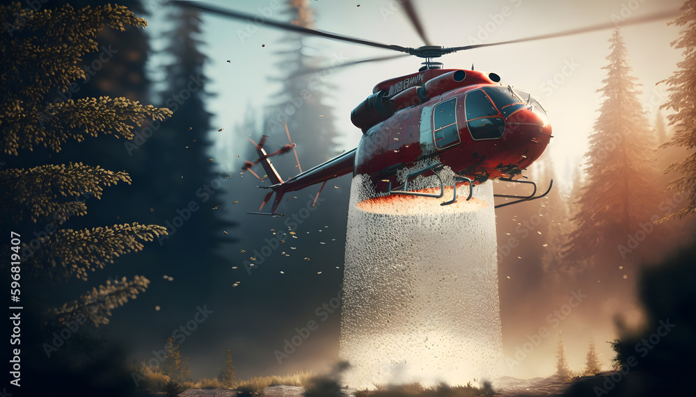 Fire fighting Helicopter dropping water on wildfire. Disaster forest burning emergency. Generation AI