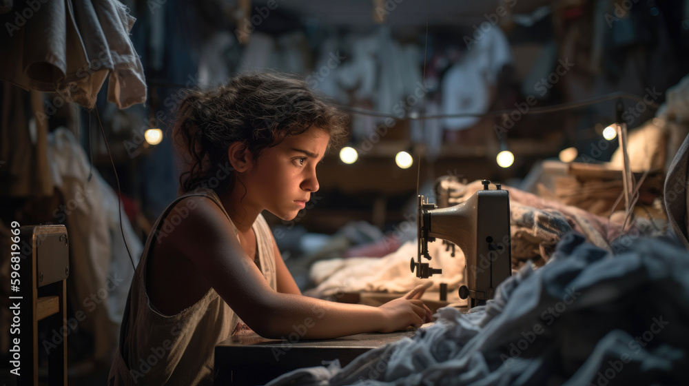 A young girl working in a sweatshop, surrounded by piles of fabric and sewing machines. Child labor and exploitation. Generative AI