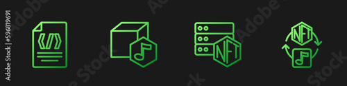 Set line NFT blockchain technology, Binary code, Digital crypto art and . Gradient color icons. Vector