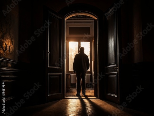 A person standing inside an open door frame  with the outside scenery visible through the doorway