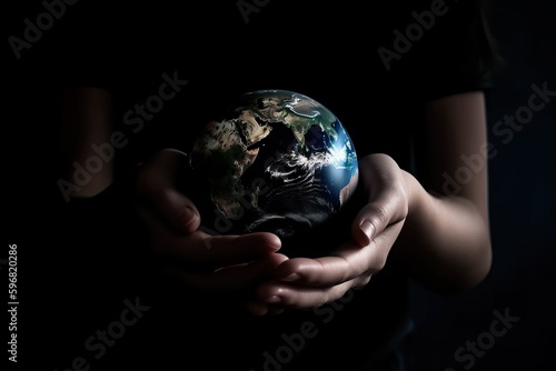 A man in his hands holds a mockup of the planet earth on a black background, the concept of saving ecology on the planet for life, generative AI.