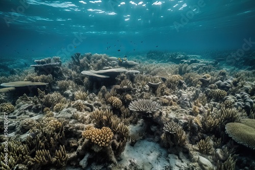Already dead coral reefs underwater close-up, generative AI.