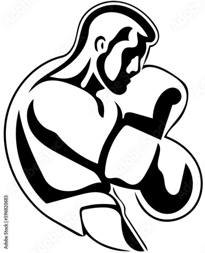 Vector silhouette illustration of a boxer in black and white, logo of a boxing fighter 