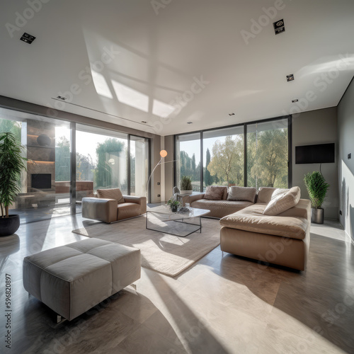 Interior of modern cozy living room in morning light