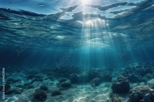Seabed with air bubbles and sun rays, generative AI.