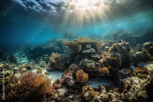 Marine life and coral reefs with fish, environmental problem in the sea, generative AI. © Niko_Dali