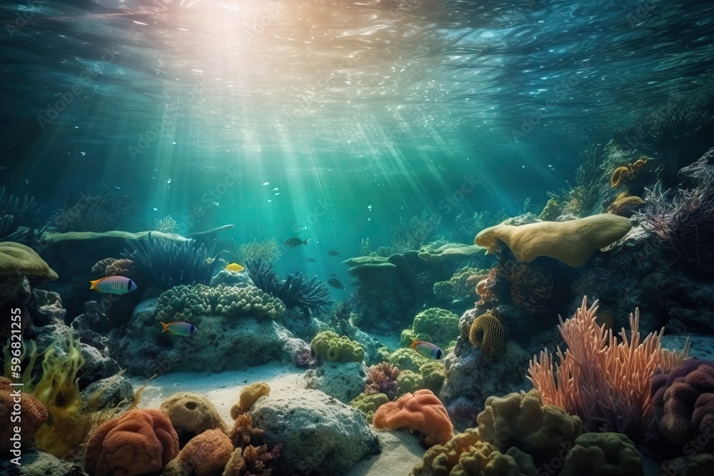 Underwater life of coral reefs, corals and fishes under water, marine life, generative AI.