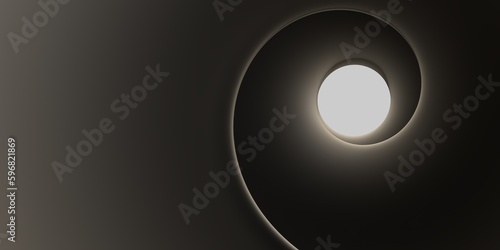 Abstract 3D illustration of a spiral or tunnel in dark brown color with a white center at the end of the tunnel