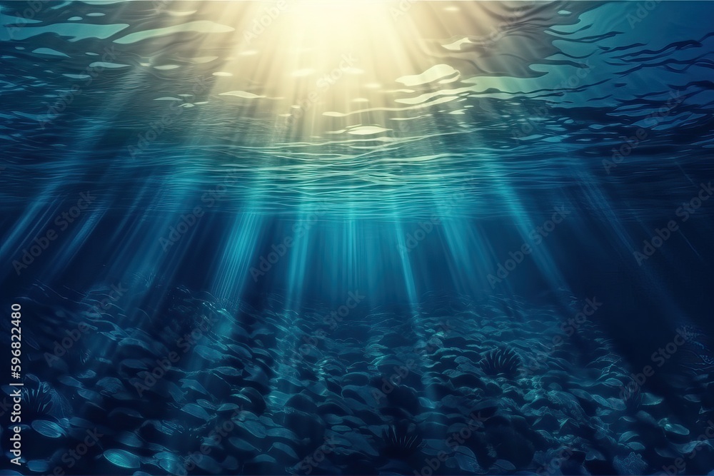Seabed and bright direct sunlight underwater, generative AI. Seabed and bright direct sunlight underwater, generative AI.