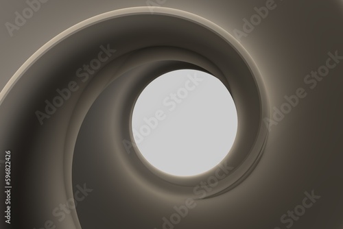 Abstract 3D illustration of a spiral or tunnel in beige brown color with a white center at the end of the tunnel