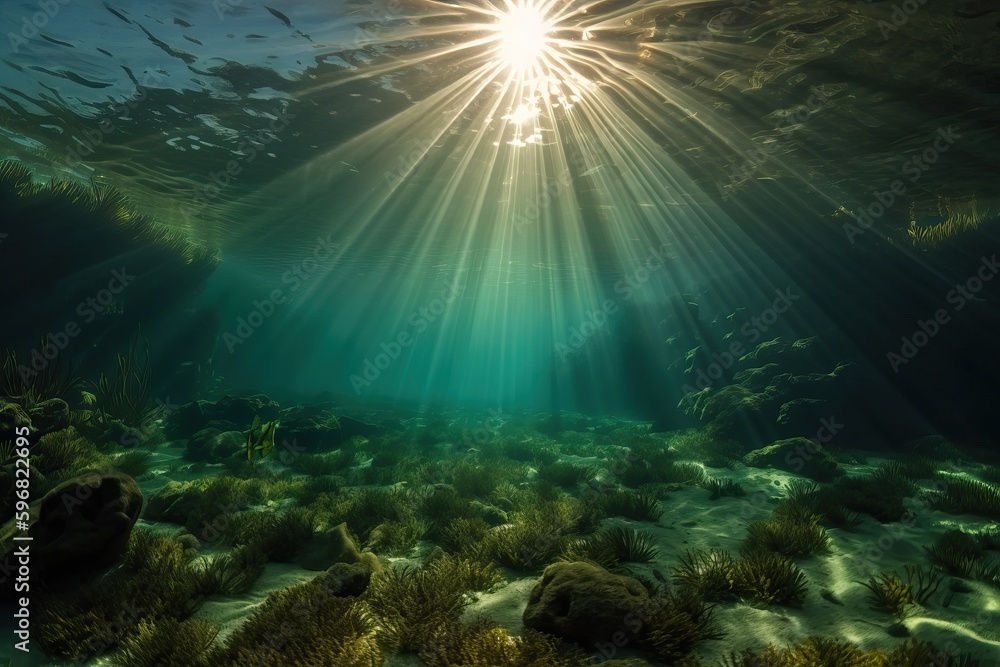 Fototapeta premium Seabed and bright direct sunlight underwater, generative AI.