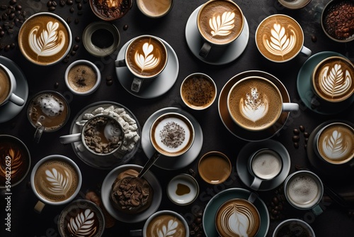 An image centered around coffee, with various coffee-related keywords such as cafe culture, latte art, and coffee addiction. Generative AI