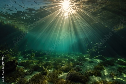 Seabed and bright direct sunlight underwater, generative AI. © Niko_Dali