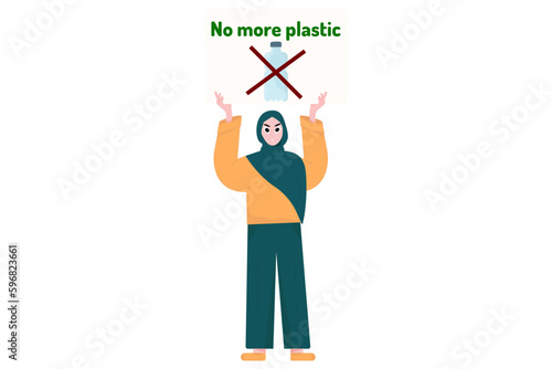 A woman stands at a protest holding a placard. Environmental protection. No more plastic.