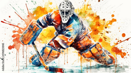 Illustration of a professional ice hockey player goalkeeper in action on white background, Generative AI