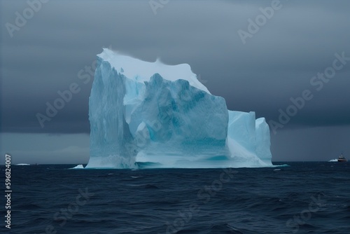 A large ice and white iceberg drifts in the ocean, generative AI. © Niko_Dali